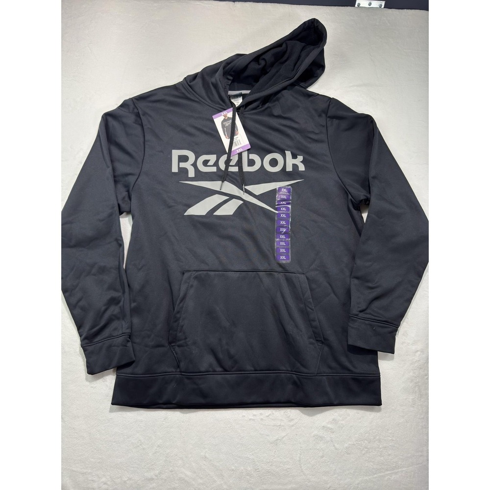 Reebok Hoodie Mens 2XL Black Logo Graphic Fleece Pullover Sweatshirt Athletic